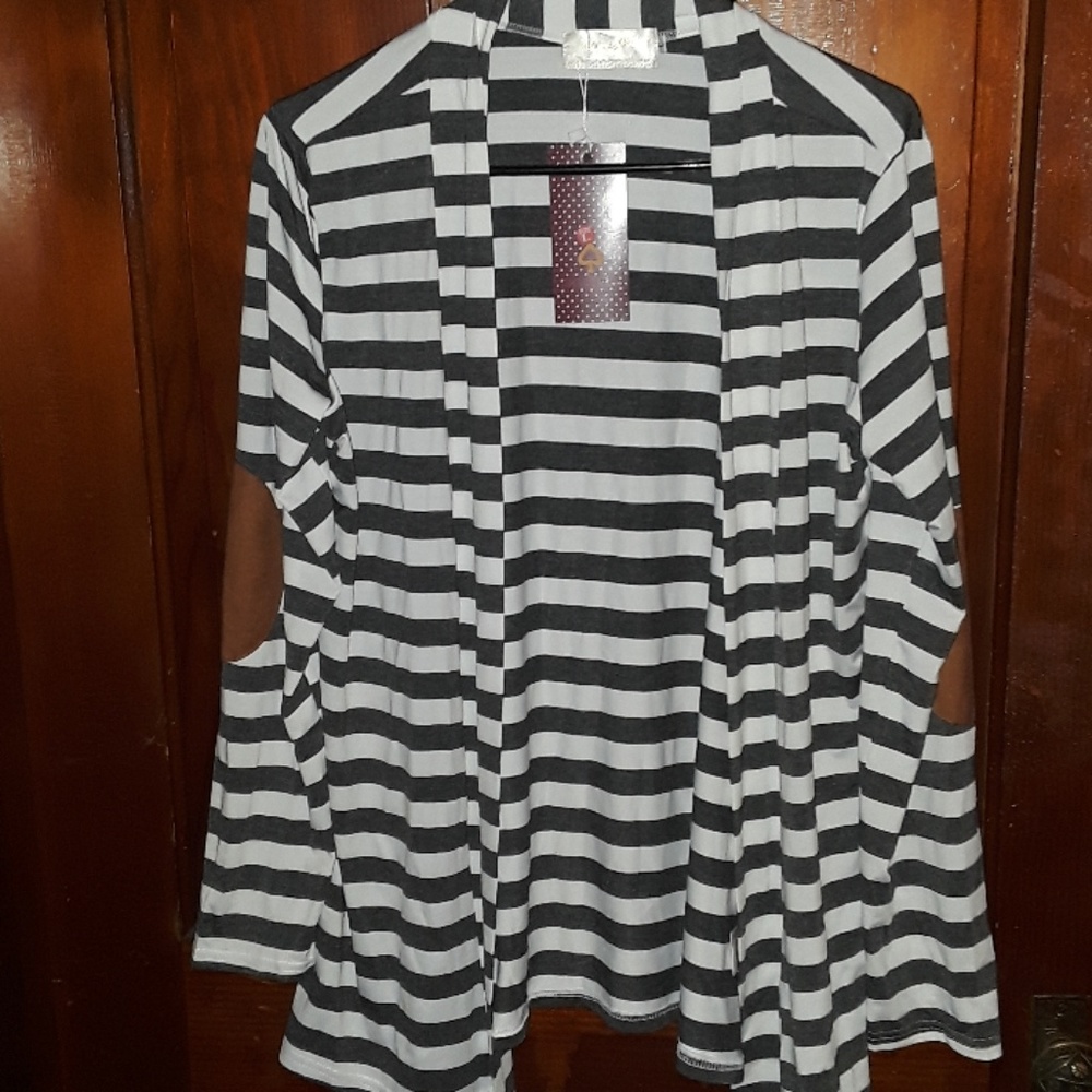 Stripped open front cardigan with elbow patches